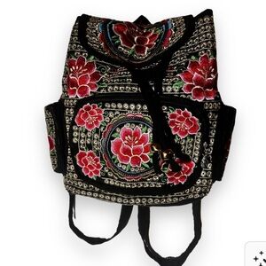 Floral Embroidered Backpack - Black and Red